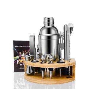 Bartender Stainless Steel Cocktail Kit bamboo set NIB open box